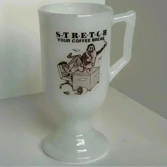 Funny NSFW vintage milk glass pedestal mug  “stretch your coffee break” - Picture 1 of 6